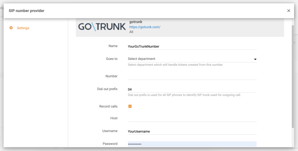 "GoTrunk" galutinis konfigūravimas LiveAgent